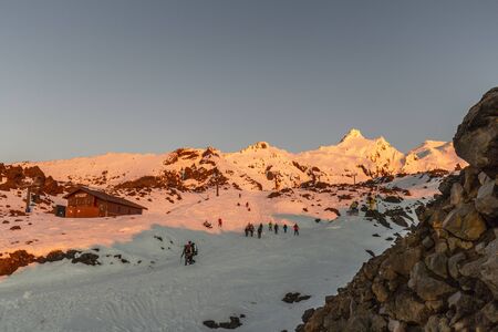 Whakapapa, New Zealand - August 12, 2018: Climbers returning home after a exhilarating day on Whakapapa Skifield,  New Zealand.のeditorial素材