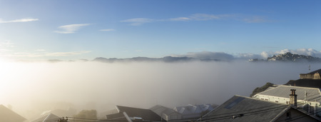 Wellington covered with fog, New Zealandの写真素材