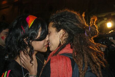 Santiago, Chile - July 06, 2011:  Students involved in a kissing protest for education reform in Santiago, Chile.のeditorial素材