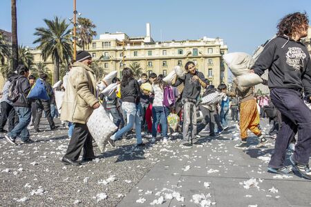Santiago, Chile - July 13, 2011: Students involved in a pillow-fight protest for education reform in Santiago, Chile.のeditorial素材