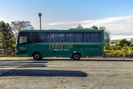 Matamata, New Zealand - June 07, 2017 : Touristic bus at Hobbiton, a movie set created for the filming of the Lord of the Rings and The Hobbit movies.のeditorial素材