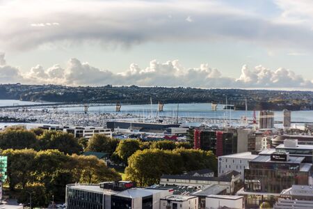 Auckland, New Zealand - April 18, 2015: Aerial view of Auckland harbour bridge in New Zealand.のeditorial素材