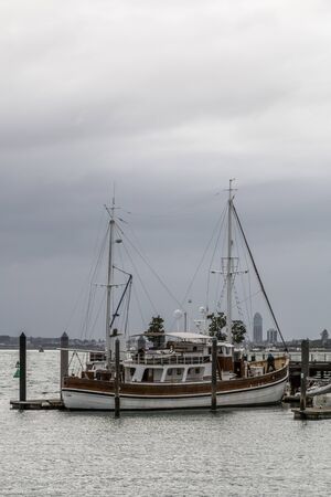 Auckland, New Zealand - August 18, 2015: Beautiful boat moored in Auckland wharf, New Zealand.のeditorial素材