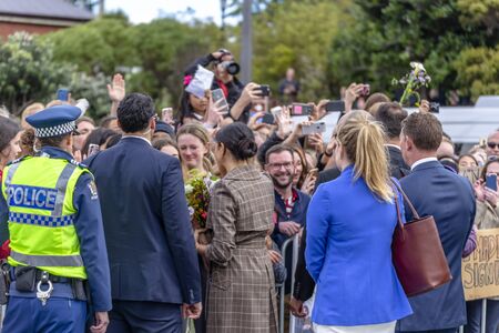 Wellington, New Zealand - October 28, 2018: The Duchess of Sussex chats with a members of the crowd at the Wellington War Memorial in New Zealand.のeditorial素材