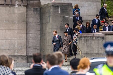 Wellington, New Zealand - October 28, 2018: The Duke and Duchess of Sussex exit the Wellington War Memorial in New Zealand.のeditorial素材