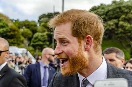 Wellington, New Zealand - October 28, 2018: The Duke of Sussex chat with members of the crowd at the...