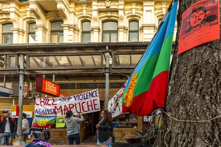 Wellington, New Zealand - November 23, 2018: Wellington's Chilean community protest against the killing of Mapuche man Camilo Catrillanca, shot by police in Chile.のeditorial素材