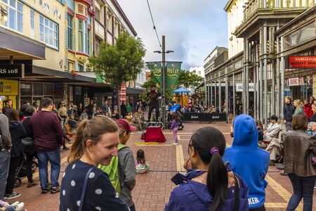 Wellington, New Zealand - November 23, 2018: Street artist entertaining the public on Cuba Street, Wellington, New Zealand.のeditorial素材