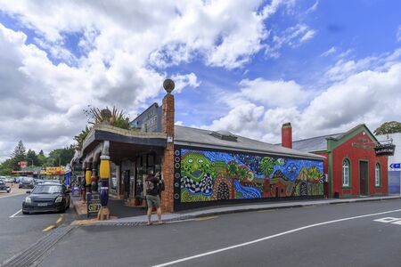 Kawakawa, New Zealand - December 29, 2018: People photographing a building in Kawakawa inspired by famous Austrian architect Hundertwasser. It's the only structure he ever built in the southern hemisphere, New Zealand.のeditorial素材