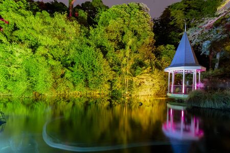 Wellington, New Zealand - January 11, 2019: The Duck Pond at Gardens Magic - Dazzling displays of light amongst the trees of Wellington Botanic Garden, New Zealand.のeditorial素材