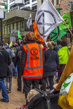 Wellington, New Zealand - October 07, 2019: Climate change/eco protesters at the Extinction Rebellion demonstration at Lambton Quay, Wellington, New Zealand.のeditorial素材