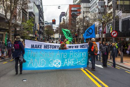 Wellington, New Zealand - October 07, 2019: Climate change/eco protesters at the Extinction Rebellion demonstration at Willis St in Wellington, New Zealand.のeditorial素材