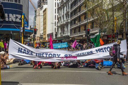 Wellington, New Zealand - October 07, 2019: Extinction rebellion protesters blocking off traffic for periods of 7 minutes at Lambton Quay, Wellington, New Zealand.のeditorial素材