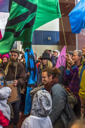 Wellington, New Zealand - October 07, 2019: Extinction Rebellion demonstration at The Majestic Centre in Wellington, New Zealand.のeditorial素材
