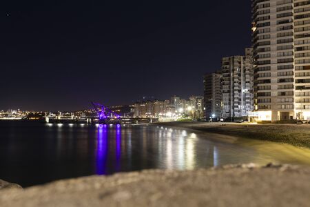 ViÃ±a del Mar, Chile - August 11, 2019: View of Muelle Vergara at night in ViÃ±a del Mar, Chileのeditorial素材