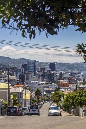 Wellington, New Zealand - January 27, 2018: Cars transiting Thompson Street in Te Aro, Wellington, New Zealand.のeditorial素材