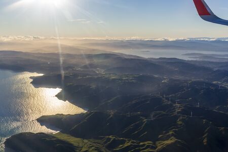 Aerial View from an Airplane Window flying over wellington, New Zealandの写真素材