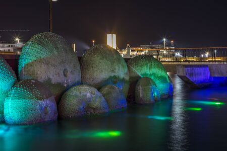 Wellington, New Zealand - September 20, 2019: Night view of North Kumutoto installation in Wellington waterfront, New Zealand.のeditorial素材