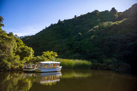 Wellington, New Zealand - March 15, 2020: Boat on the lower dam at Zealandia, formerly known as the Karori Wildlife Sanctuary in New Zealand.のeditorial素材