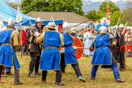 Levin, New Zealand - February 10, 2018: Reenactors battle at a medieval market in Levin showgrounds, New Zealand.のeditorial素材