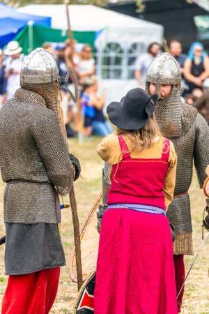 Levin, New Zealand - February 10, 2018: Reenactors battle at a medieval market in Levin showgrounds, New Zealand.のeditorial素材