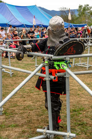 Levin, New Zealand - February 10, 2018: Reenactors battle at a medieval market in Levin showgrounds, New Zealand.のeditorial素材