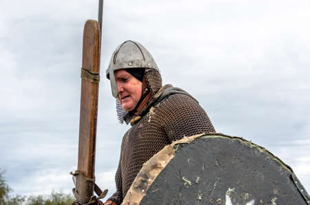 Levin, New Zealand - February 10, 2018: Reenactors battle at a medieval market in Levin showgrounds, New Zealand.のeditorial素材