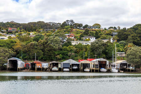 Whangamata, New Zealand - November 29, 2016: Wooden boat houses in Whangarei, New Zealand.のeditorial素材