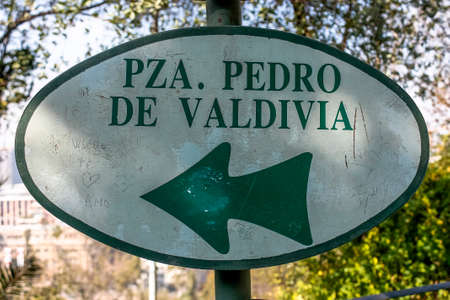 Santiago, Chile - May 18, 2011: Signboard of Plaza Pedro de Valdivia (Pedro de Valdivia Square) on Santa Lucia Hill in Santiago de Chile.のeditorial素材