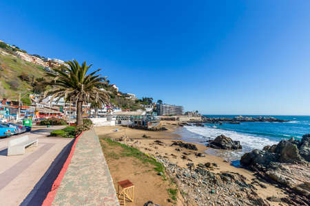 Concon, Chile - August 12, 2019: People enjoying at the large sand dunes on the coast of ConcÃ³n, Chile.のeditorial素材