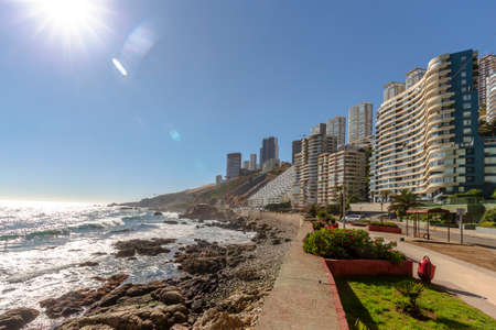 ValparaÃ­so Region, Chile - August 12, 2019: People enjoying a sunny day in ReÃ±aca, Chile.のeditorial素材