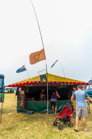 Whangamata, New Zealand - January 03, 2020: People having a good time at the Gypsy Fair in Whangamata, New Zealand.のeditorial素材