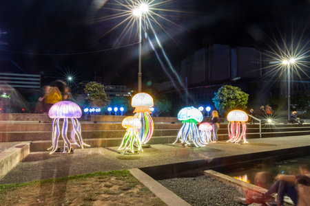 Wellington, New Zealand, February 14, 2020: People enjoying the night at the Wellington Lantern Festival on the waterfront.のeditorial素材