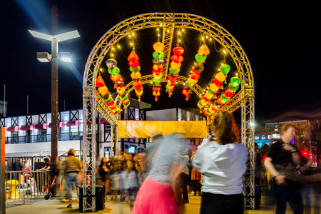 Wellington, New Zealand, February 14, 2020: People enjoying the night at the Wellington Lantern Festival on the waterfront.のeditorial素材