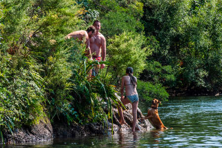 Whangatama, New Zealand - November 23, 2019: Beautiful star trails light up the night sky of Whangamata in New Zealandのeditorial素材