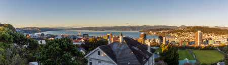 Wellington, New Zealand - July 08, 2021: Panoramic view of Wellington Harbour from the top of Wellington cable car tracks on the Botanic Garden, New Zealandのeditorial素材