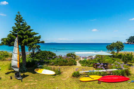 Whangamata, New Zealand - December 29, 2021: View from the backyard of a bach in Whangamata beach in New Zealandのeditorial素材