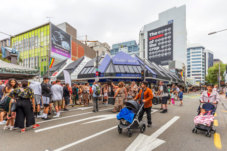 Wellington, New Zealand - March 28, 2021: People pass by Cuba Dupa Festival 20121 in Wellington, New Zealandのeditorial素材