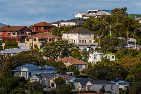 Wellington, New Zealand - April 14, 2020: Panoramic view of houses on Brooklyn suburb in Wellington, New Zealandのeditorial素材