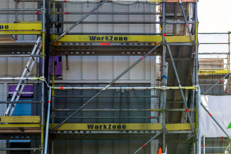Wellington, New Zealand - September 04, 2022: Low angle view of a building under construction, view...