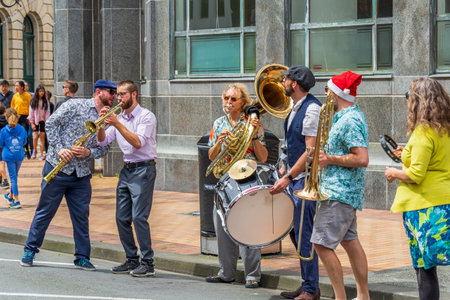 Wellington, New Zealand - November 26, 2022: Live music at the Wellington's Santa Parade, A Very...