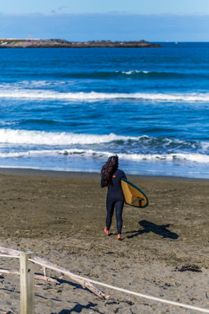 Wellington, New Zealand - August 13, 2022: Surfer walking to Lyall Bay beach in Wellington, New Zealandのeditorial素材