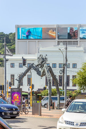 Wellington, New Zealand - March 19, 2023: Capturing cinematic essence, The Weta Workshop iconic tripod sculpture tribute at Courtenay Place in Wellington, New Zealandのeditorial素材