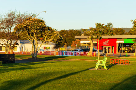 Levin, New Zealand - September 08, 2023: Enchanting Sunset at Levin Adventure Park, A Playground Paradise in Nature's Embraceのeditorial素材
