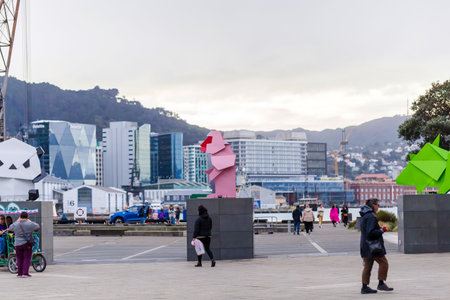 Wellington, New Zealand - July 02, 2023: People Walking Alongside Sculptures Outside Te Papa Museum in Wellingtonのeditorial素材