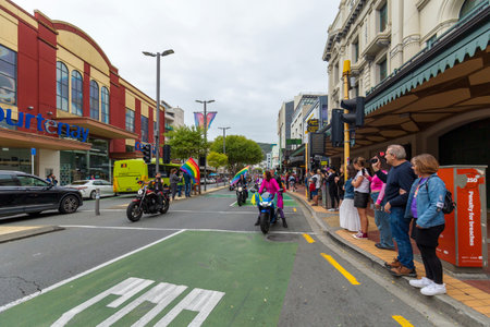 Wellington, New Zealand - March 09, 2024: Motorbikes Take to the Streets of Courtenay Place, Leading the Charge in the Wellington Pride Parade with Thunderous Enthusiasmのeditorial素材