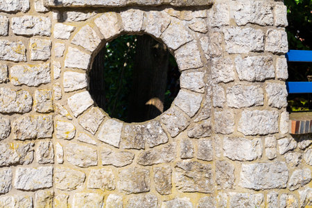 Stone Wall with Circular Opening and Vegetation in Sunlightの写真素材