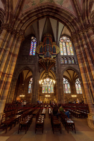 Strasbourg, France - May 13, 2024: Stained Glass and Pipe Organ in CathÃ©drale Notre-Dame-de-Strasbourg"のeditorial素材