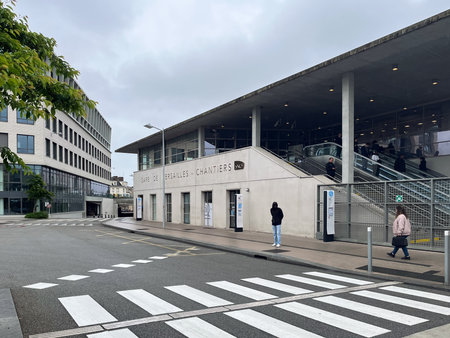 Paris, France - May 28, 2024: The modern exterior of Gare de Versailles-Chantiers in Versailles, France, with an overcast skyのeditorial素材