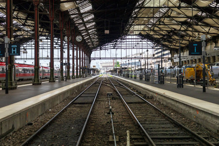 Paris, France - May 28, 2024: An empty view of the train platforms and tracks at Gare de Lyon in Paris, Franceのeditorial素材